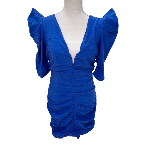 DO+BE Dresses & Skirts - DO+BE electric blue low cut neck ruche skirt pointed shoulder bodycon dress